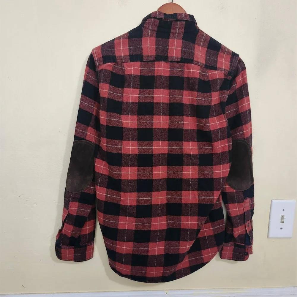 J.Crew Flannel Shirt Mens Small Red Plaid Wool Blend Elbow Patch Workwear